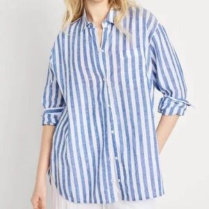 Old Navy The Boyfriend Blue White Stripes Linen Blend Button Up Oversized  Shirt